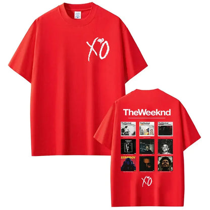 Red short-sleeved t-shirt featuring weeknd xo album covers and logo in unisex fashion harajuku y2k clothing style