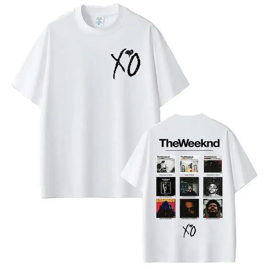 White cotton rap artist the weeknd xo album t shirt with black logo front and album cover grid back unisex fashion harajuku y2k clothing