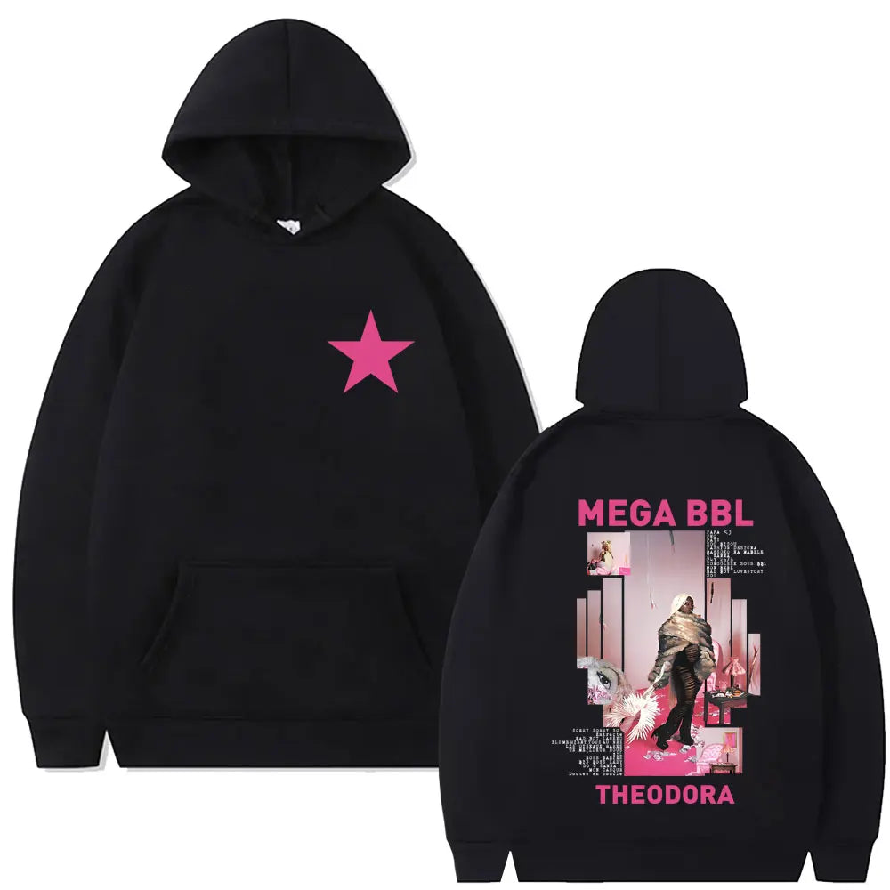 Black hoodie with pink star front and detailed mega bbl album graphic print on back for rapper theodora hip hop fashion