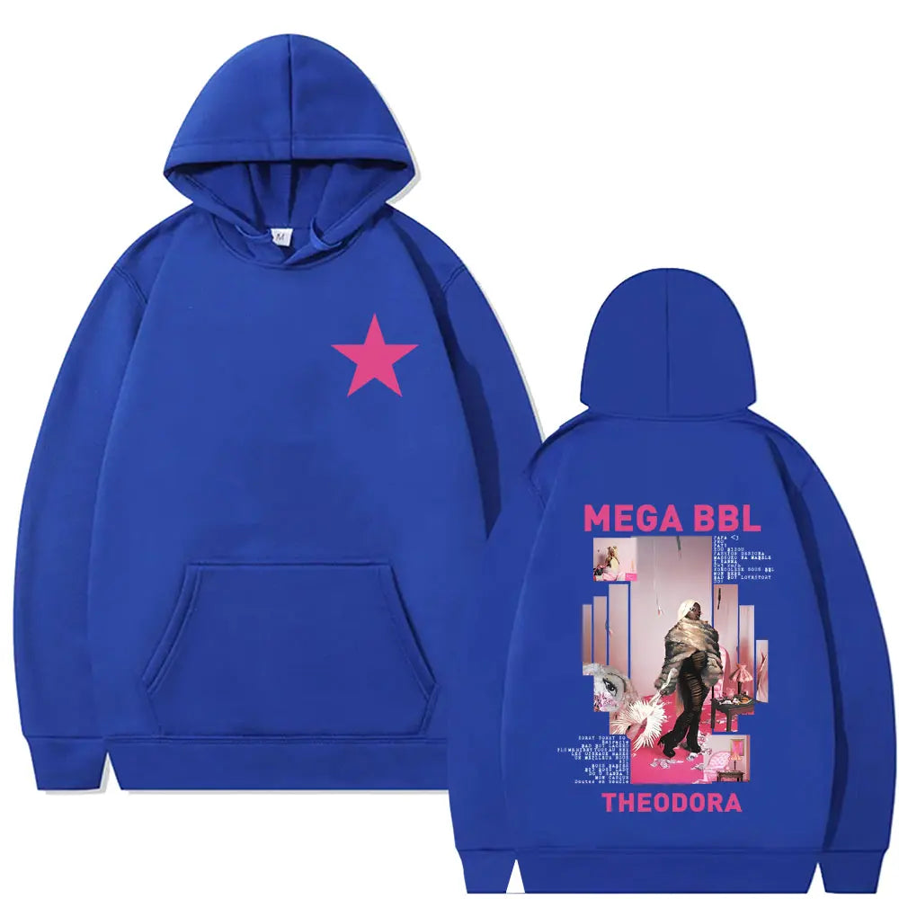 Royal blue fleece hoodie with pink star front and mega bbl album graphic back for rapper theodora hip hop fashion