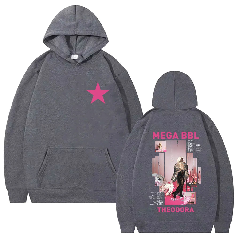 Dark gray fleece hoodie with pink star front and mega bbl album graphic text on back for hip hop fashion fans