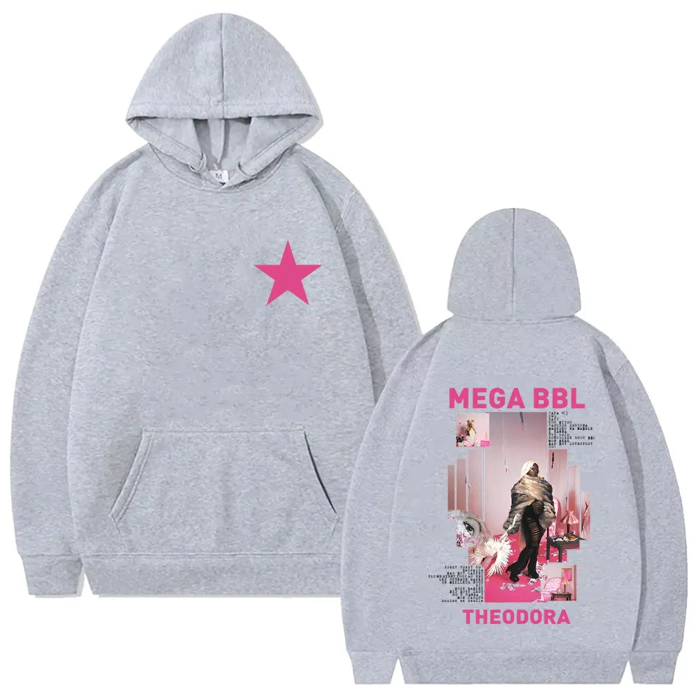 Gray hoodie with pink star front and bbl album graphic back featuring rapper theodora mega in hip hop fashion style