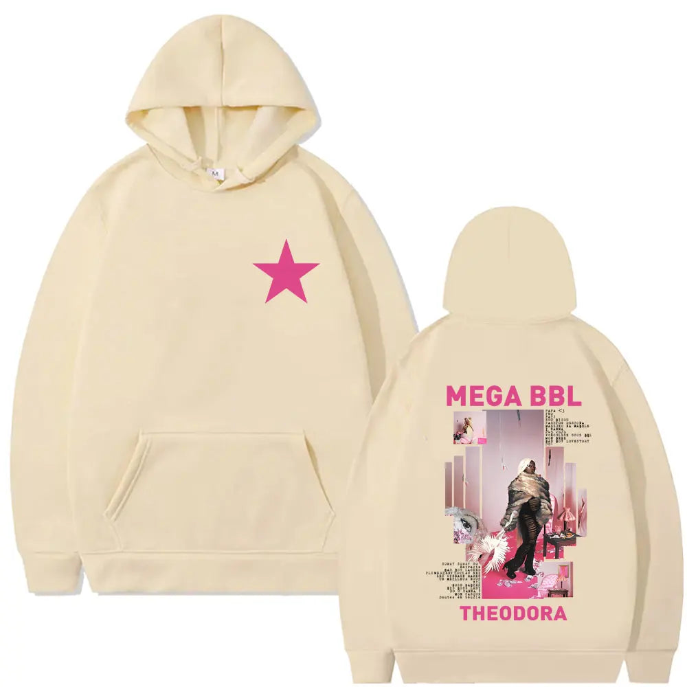 Cream-colored fleece hoodie featuring a pink star front and detailed mega bbl album graphic on back for hip hop fashion