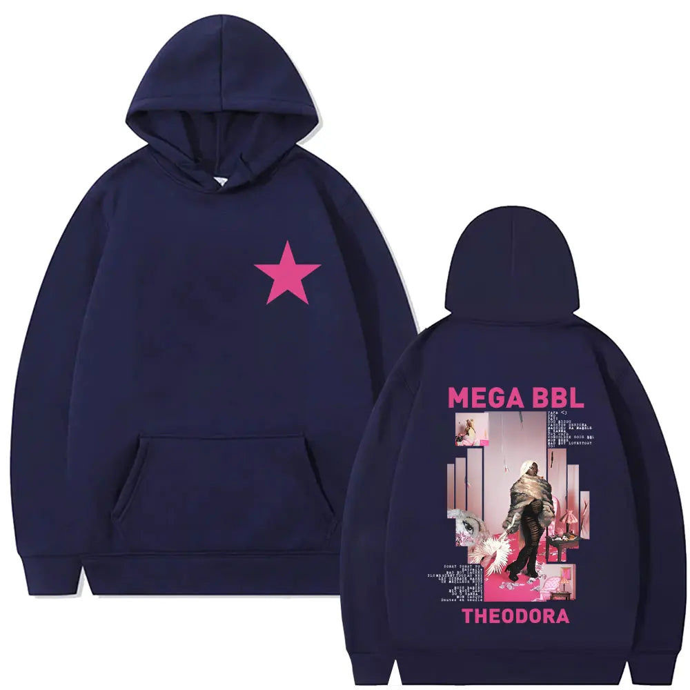Navy blue fleece hoodie with pink star front and rapper theodora mega bbl album graphic on back for hip hop fashion