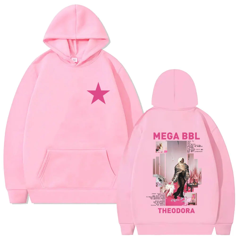 Pink fleece hooded sweatshirt featuring a star front and rapper theodora mega bbl album graphic on the back for hip hop fashion