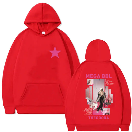 Red hooded sweatshirt with pink star front and detailed rapper theodora mega bbl album graphic on back in hip hop fashion
