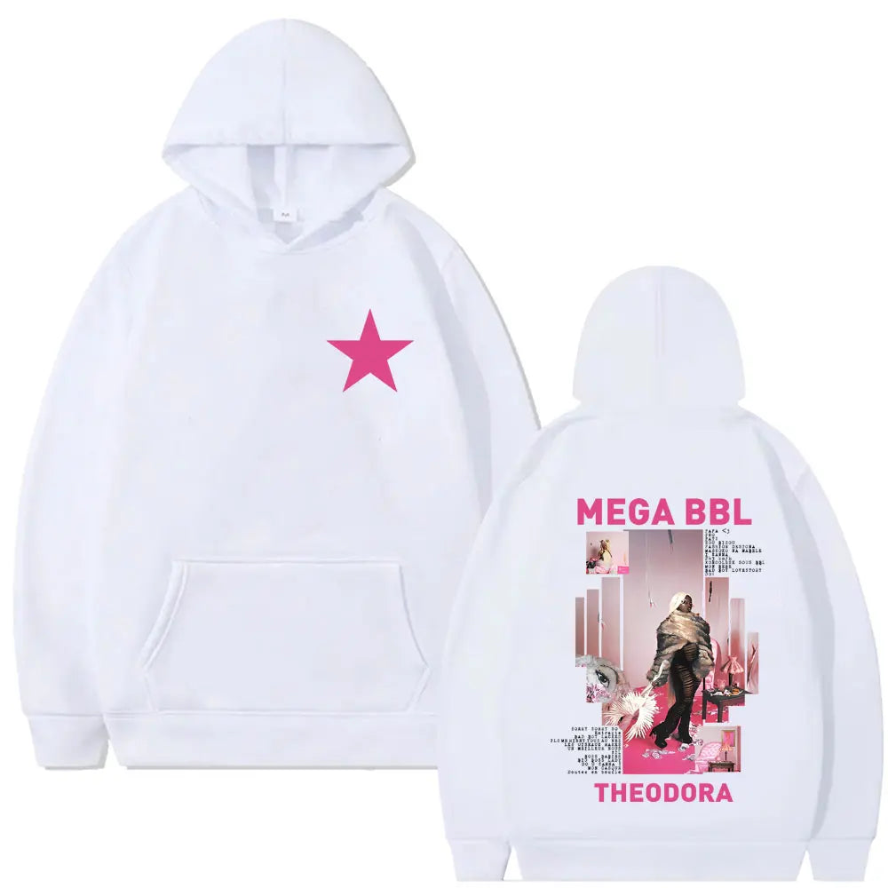 White fleece hoodie with pink star front and detailed rapper theodora mega bbl album graphic on back for hip hop fashion