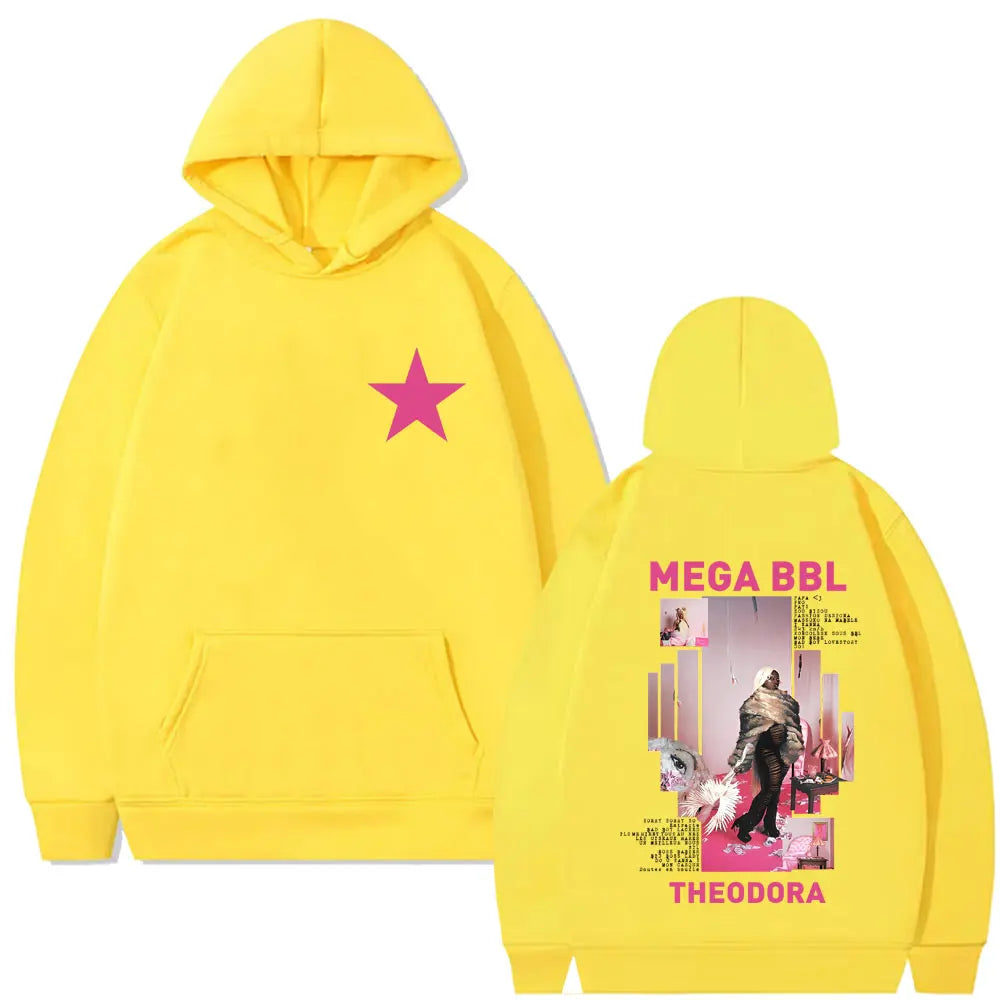 Bright yellow fleece hoodie with a pink star front and rapper theodora mega bbl album graphic on back for hip hop fashion