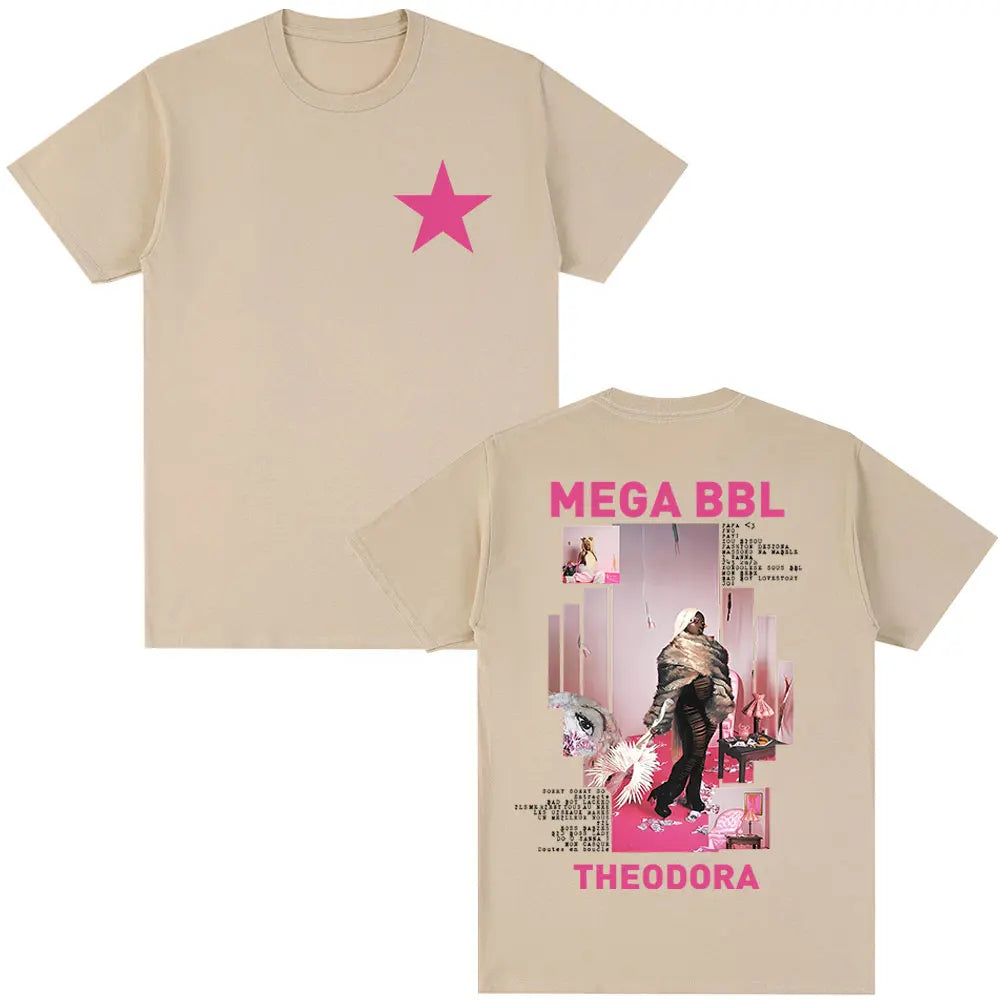 Beige cotton short-sleeved rapper theodora mega bbl album t-shirt with pink star front and bold text back for hip hop fashion