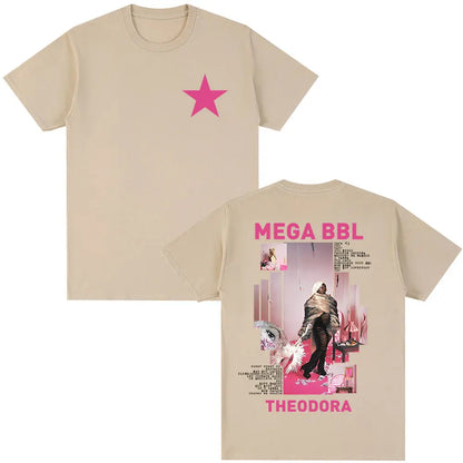 Beige cotton short-sleeved rapper theodora mega bbl album t-shirt with pink star front and bold text back for hip hop fashion