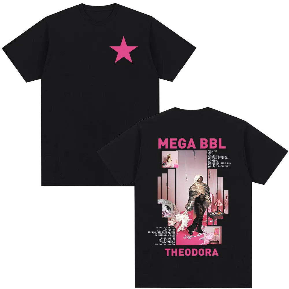 Black cotton rapper theodora mega bbl album t-shirt with vibrant pink star front and matching hip hop fashion back graphic