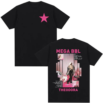 Black cotton rapper theodora mega bbl album t-shirt with vibrant pink star front and matching hip hop fashion back graphic