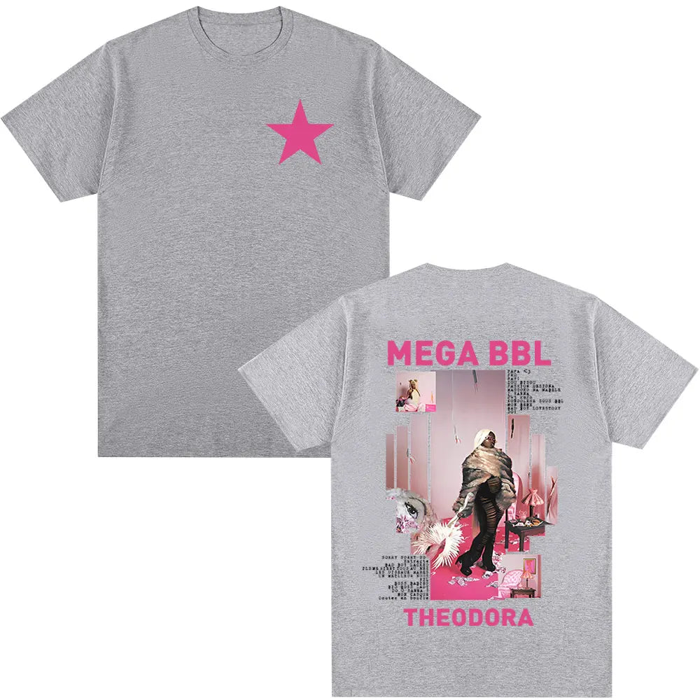 Gray heathered cotton t-shirt with pink star front and rapper Theodora Mega bbl album bold back print hip hop fashion tee