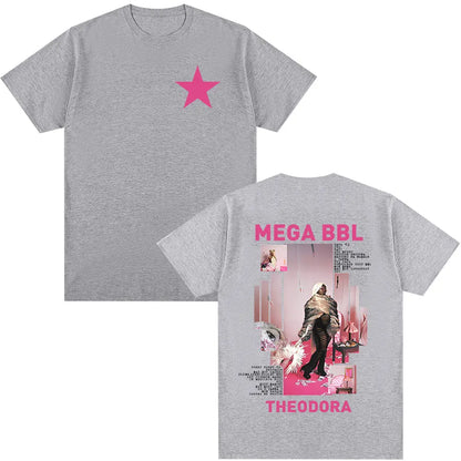 Gray heathered cotton t-shirt with pink star front and rapper Theodora Mega bbl album bold back print hip hop fashion tee