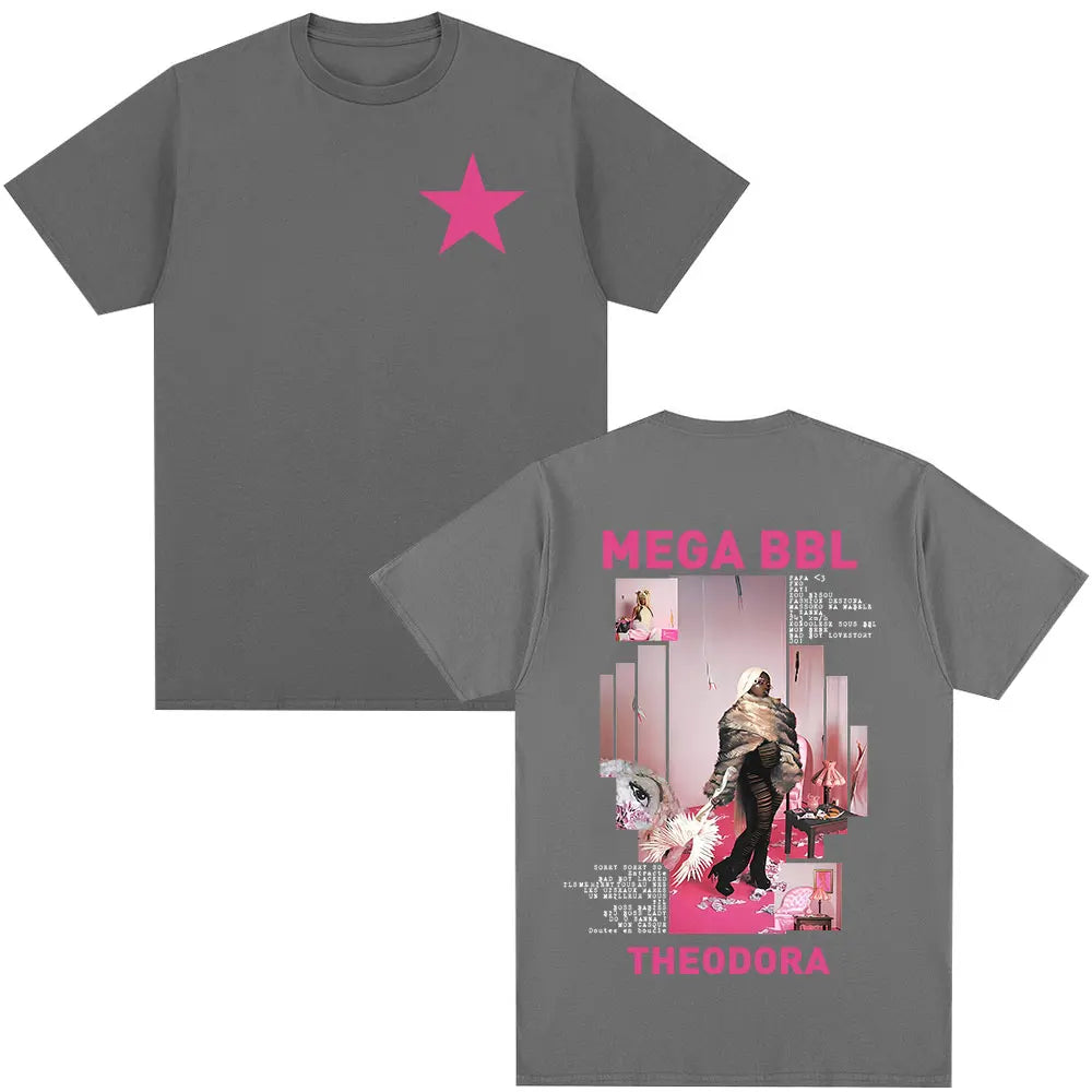 Gray cotton t-shirt with pink star front and mega bbl album graphic back for rapper theodora mega hip hop fashion