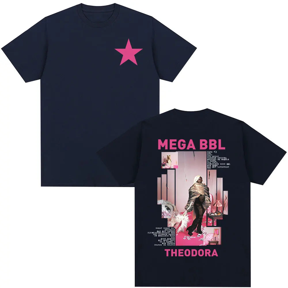 Navy blue cotton t-shirt with pink star and vibrant mega bbl album graphic for rapper theodora hip hop fashion streetwear