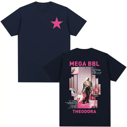 Navy blue cotton t-shirt with pink star and vibrant mega bbl album graphic for rapper theodora hip hop fashion streetwear