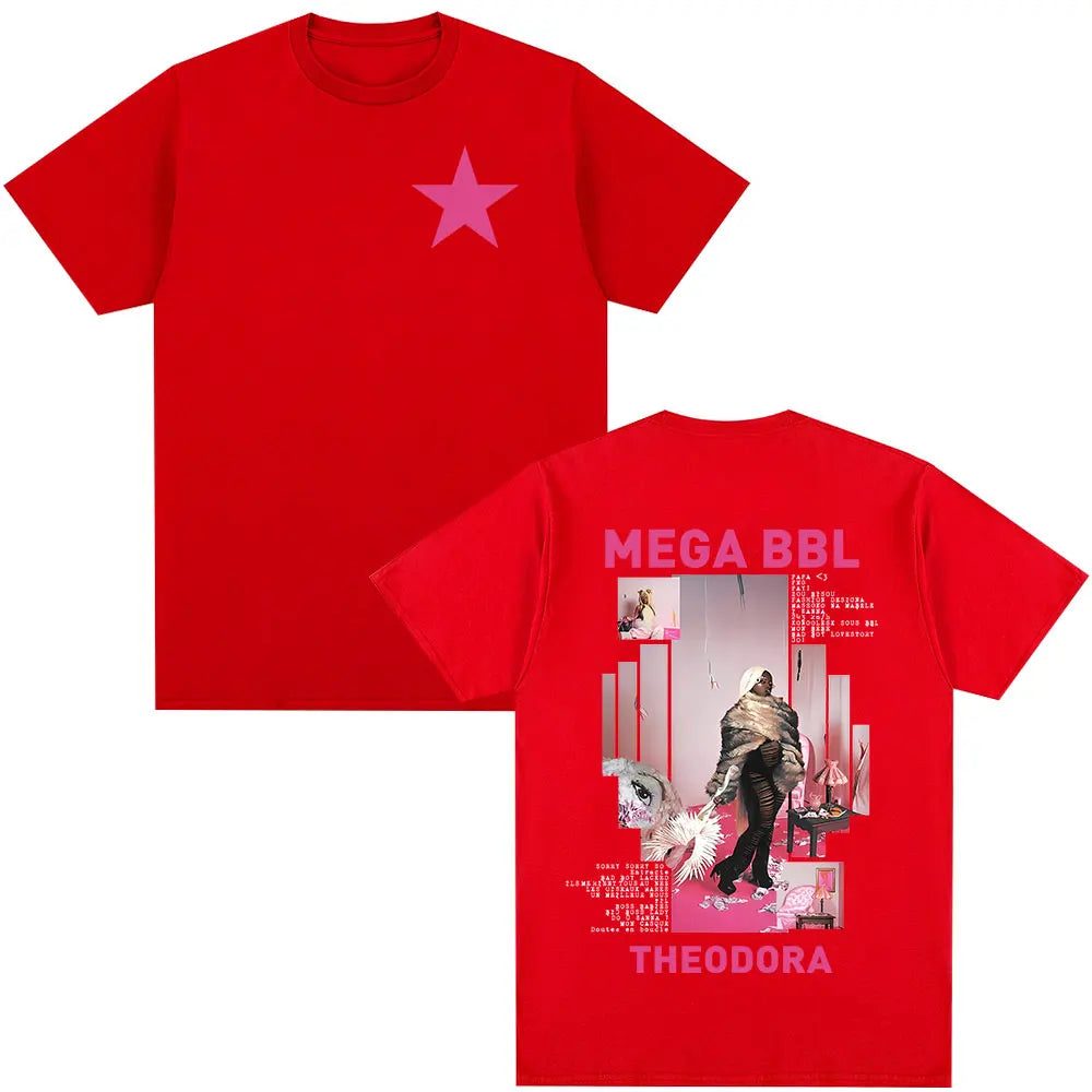 Red cotton short-sleeved t-shirt with pink star front and mega bbl album text back for hip hop fashion fans