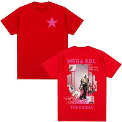 Red cotton short-sleeved t-shirt with pink star front and mega bbl album text back for hip hop fashion fans