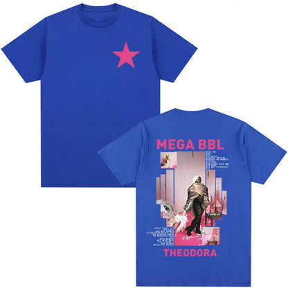 Royal blue cotton t-shirt with bold pink star front and detailed mega bbl album graphic on back for hip hop fashion