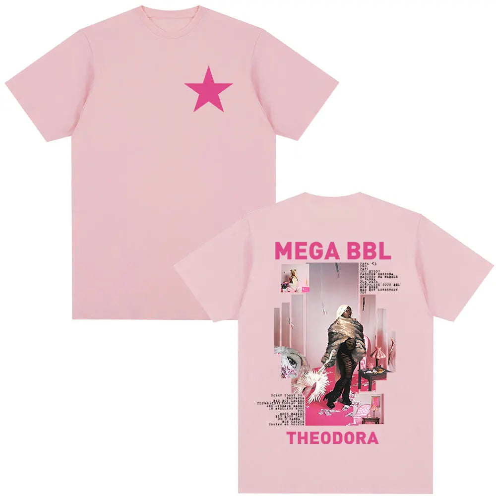 A soft pink cotton short-sleeved t-shirt with magenta star and detailed rapper theodora mega bbl album print on back