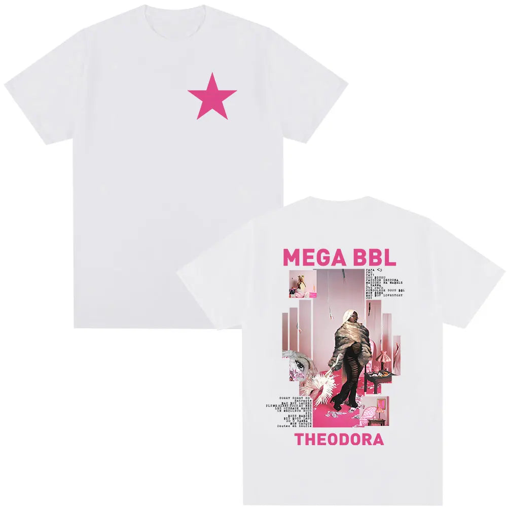 White cotton rapper theodora mega bbl album t-shirt with pink star front and detailed back graphic print hip hop fashion