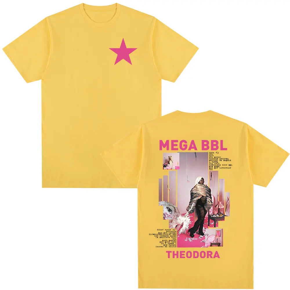 Yellow cotton rapper theodora mega bbl album t-shirt with pink star front and graphic back for hip hop fashion streetwear