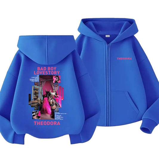 Vibrant royal blue rapper theodora mega bad boy lovestory zipper hoodie men with bold graphic on back and pink chest branding