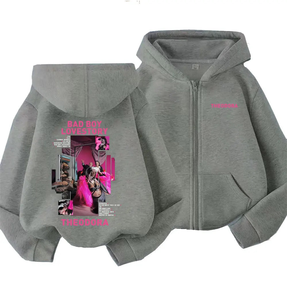 Gray rapper theodora mega bad boy lovestory zipper hoodie men with pink graphic and branding on back and chest