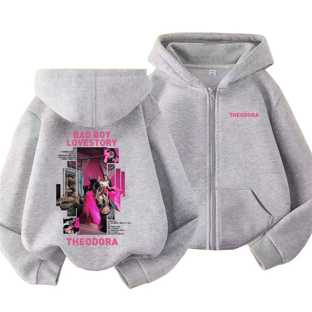 Gray zipper hoodie men featuring pink bad boy lovestory graphic and theodora print front and back for rapper theodora mega