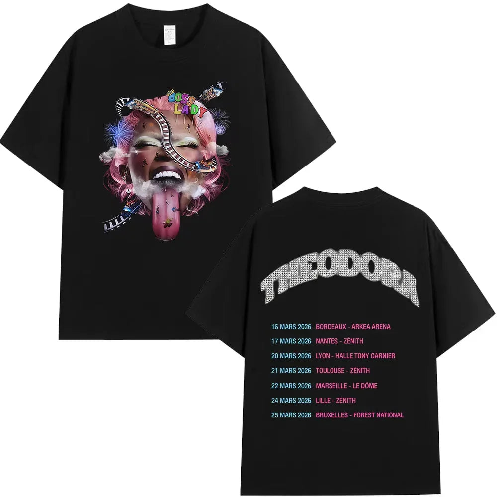 Black 100 percent cotton rapper theodora tour music tshirt men with vibrant face graphic and rollercoaster design front