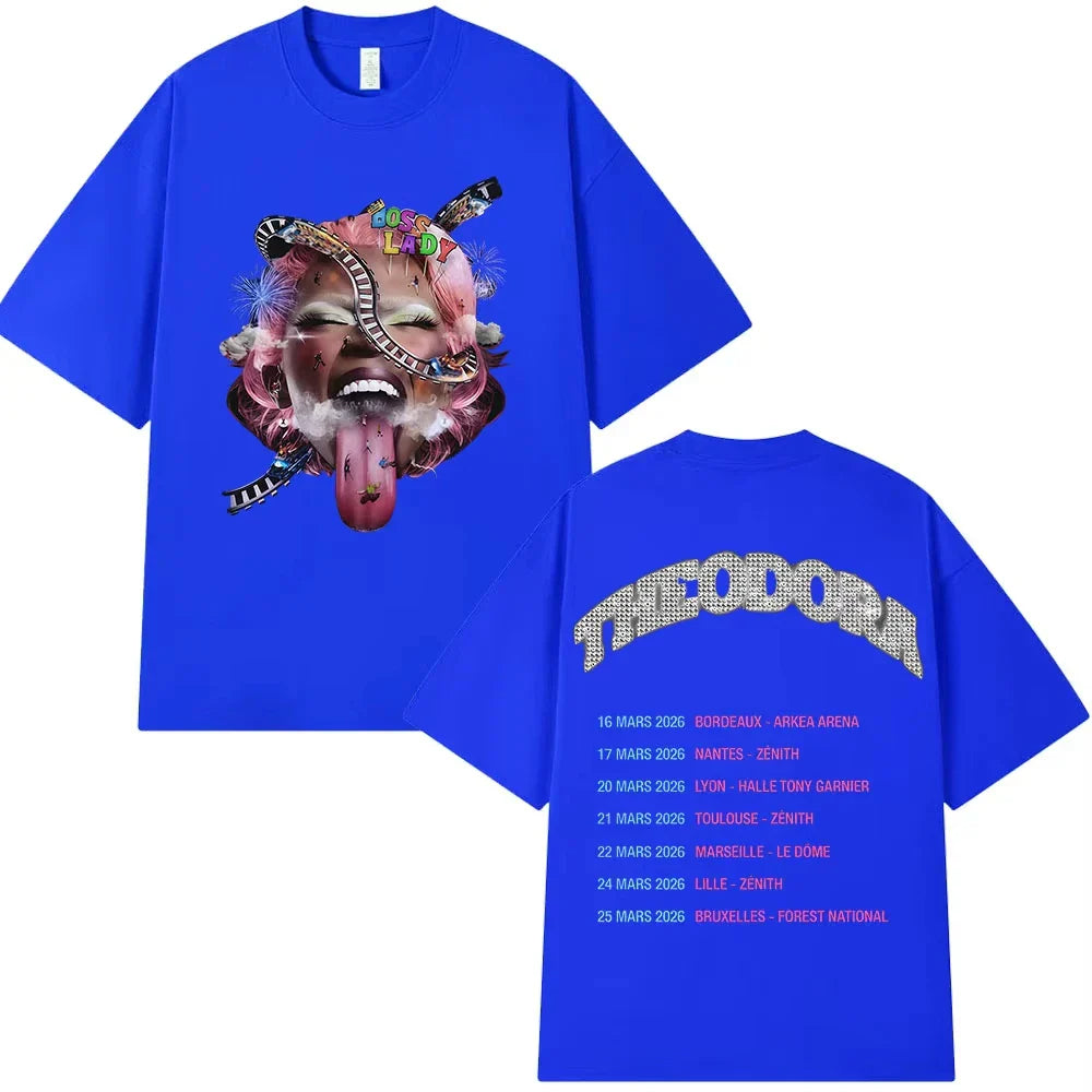 Bright blue oversized 100% cotton music tshirt men with rapper theodora tour graphic and summer hip hop theme