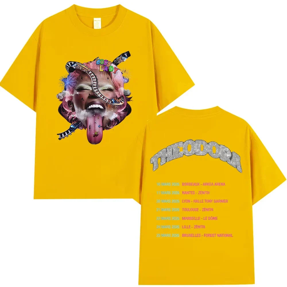 Bright yellow oversized 100% cotton rapper theodora tour music tshirt men with vibrant graphic and summer hip hop style