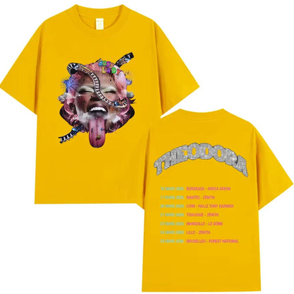 Bright yellow oversized 100% cotton rapper theodora tour music tshirt men with vibrant graphic and summer hip hop style