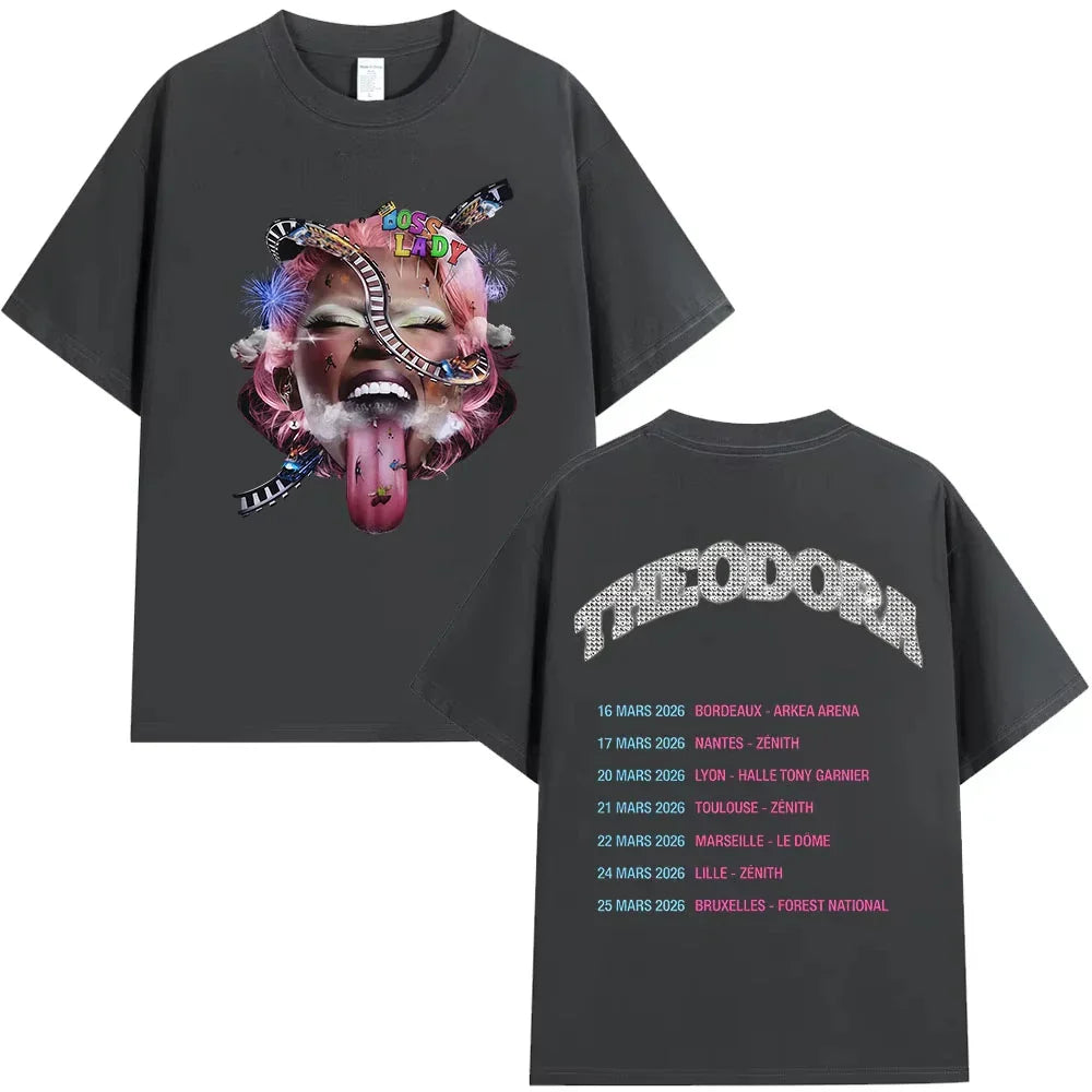 Dark gray oversized 100% cotton music tshirt men featuring colorful rapper theodora tour graphic for summer hip hop fans