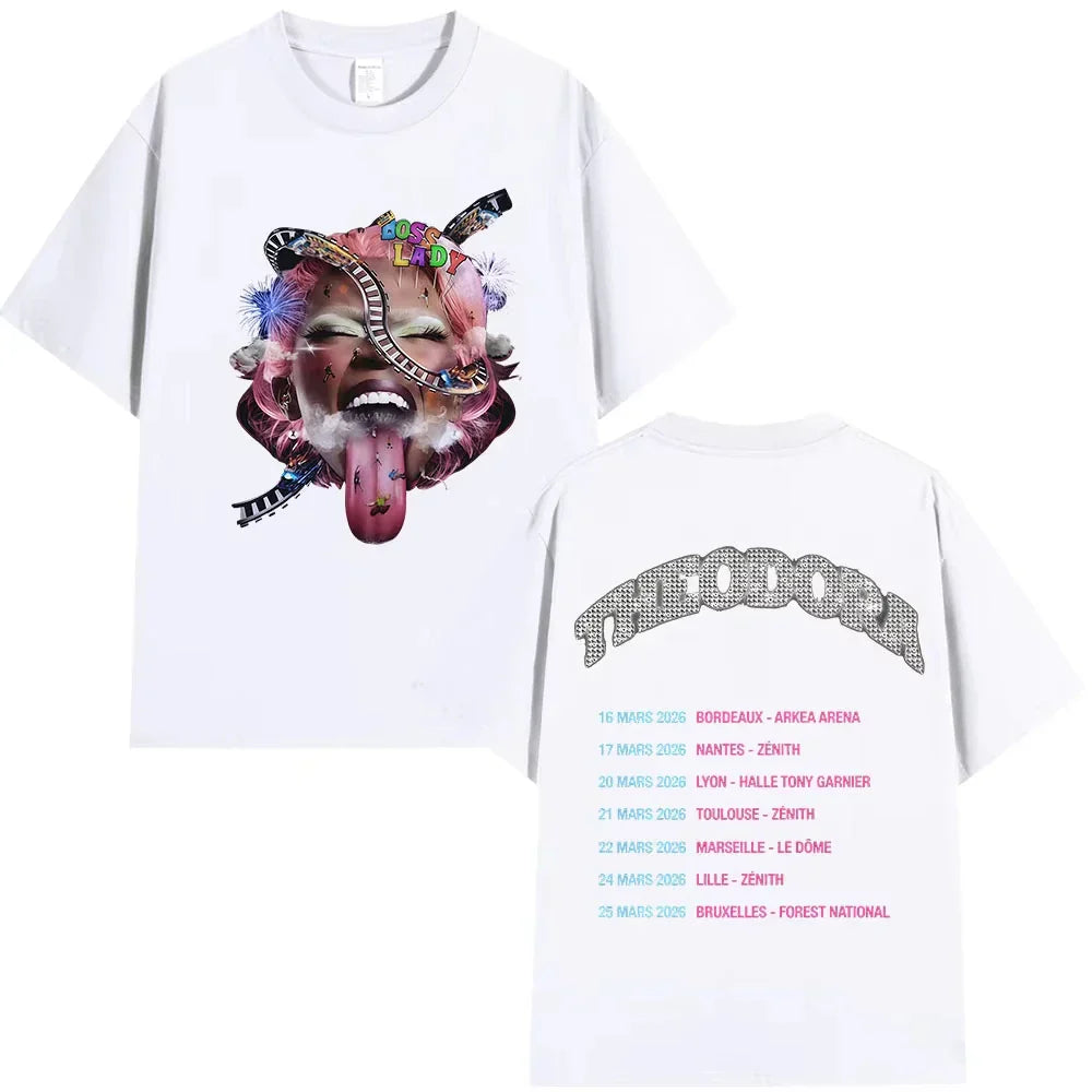 White cotton t shirt with vibrant rapper theodora tour graphic front and tour dates on back for summer hip hop fans