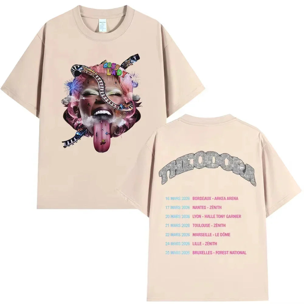 Beige rapper theodora tour cotton music tshirt with vibrant face graphic pink hair and glittery troodor design on back