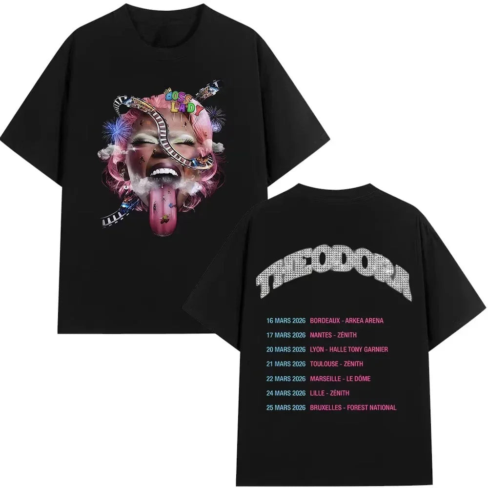Black cotton music tshirt featuring rapper theodora tour album graphics with vibrant print and sparkling tour dates on back