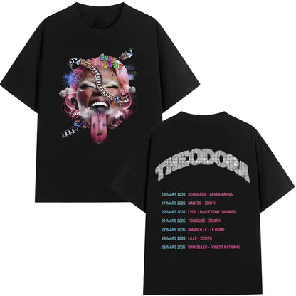 Black cotton music tshirt featuring rapper theodora tour album graphics with vibrant print and sparkling tour dates on back