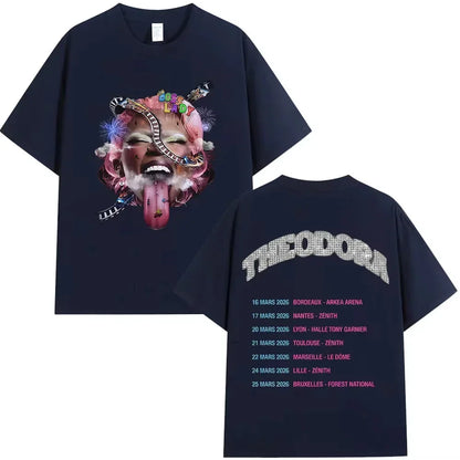 Black cotton music tshirt featuring rapper theodora tour 2026 vibrant album graphics and sparkling back design