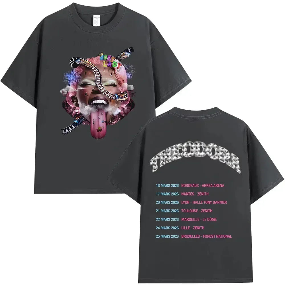 Dark gray oversized cotton music tshirt featuring rapper theodora tour 2026 album graphics and vibrant front design