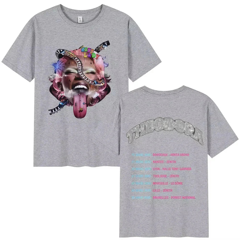 Gray heathered rapper theodora tour cotton music tshirt with album graphics face design and sparkling theo tour dates on back