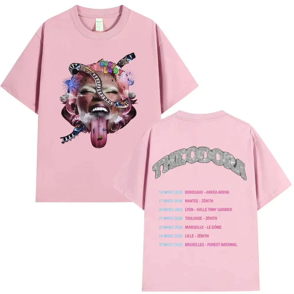 Pink short-sleeved rapper theodora tour cotton music tshirt with vibrant album graphics and glittery back design