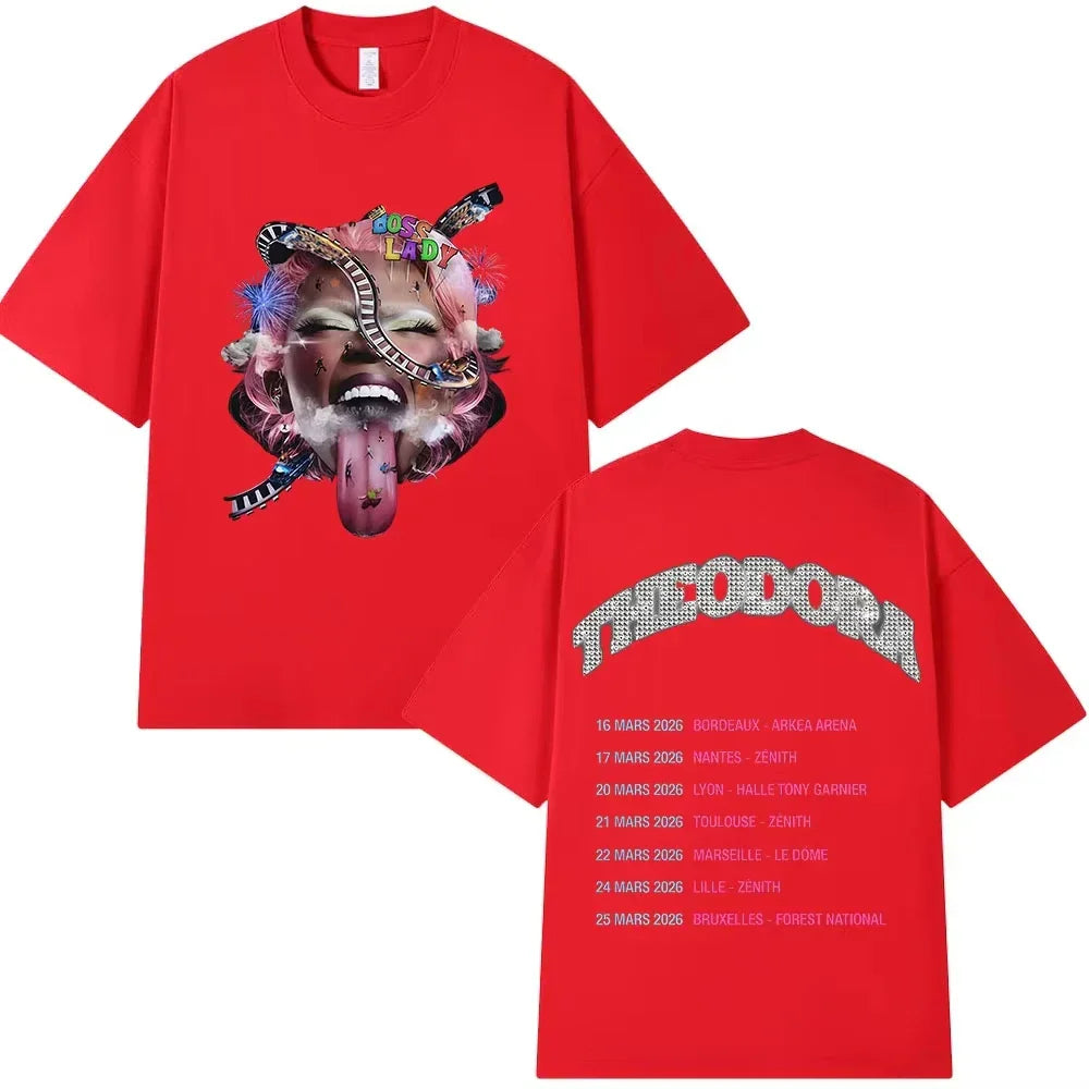 Red oversized pure cotton music tshirt featuring rapper theodora tour 2026 album graphics and glittery lettering