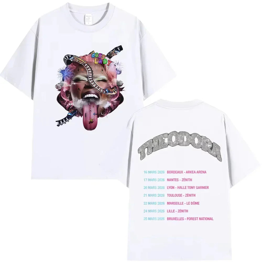 White cotton music tshirt featuring rapper theodora tour 2026 album graphics with vibrant marilyn monroe design front and tour dates back