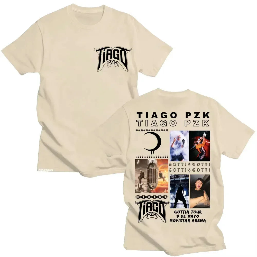 Beige cotton oversized t shirt with rapper tiago pzk graphic design and vintage hip hop tour 2026 imagery
