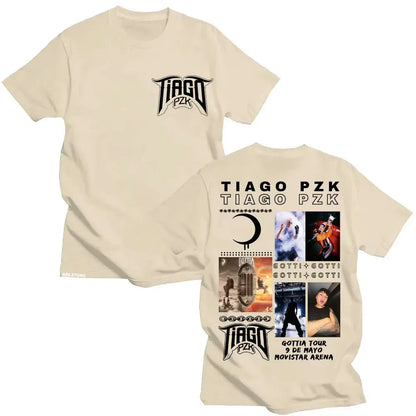 Beige cotton oversized t shirt with rapper tiago pzk graphic design and vintage hip hop tour 2026 imagery