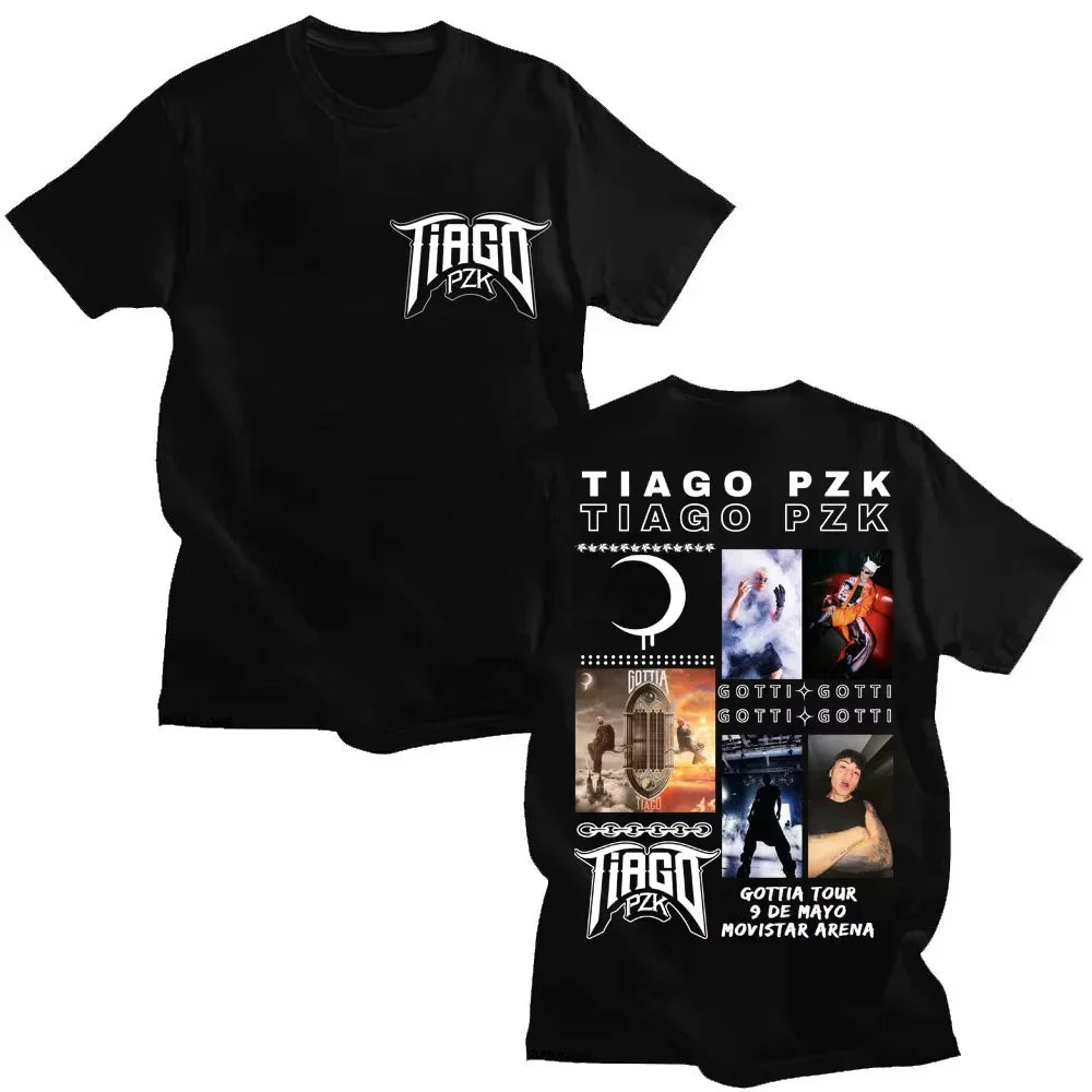 Black cotton oversized t-shirt with white vintage hip hop graphic and rapper tiago pzk tour details at movistar arena
