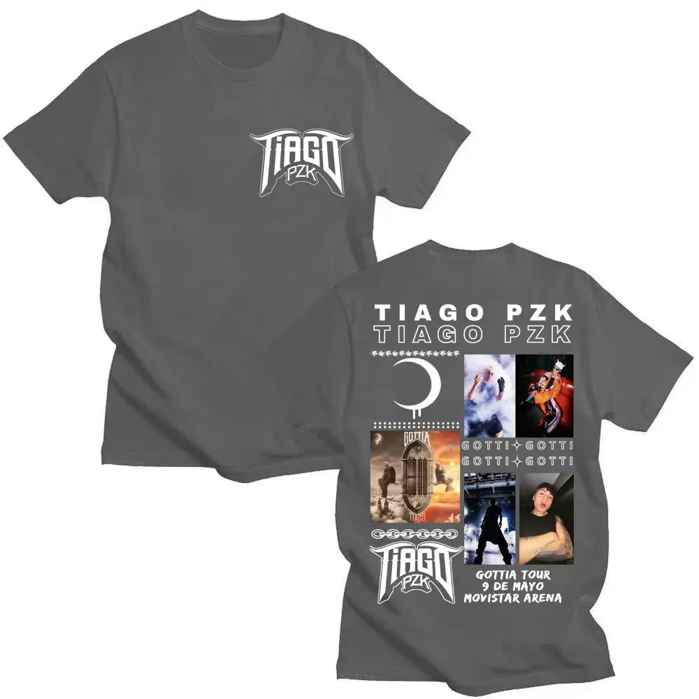 Dark gray cotton oversized t shirt featuring vintage hip hop graphic promoting rapper tiago pzk tour at movistar arena