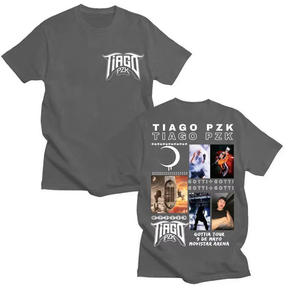Dark gray cotton oversized t shirt featuring vintage hip hop graphic promoting rapper tiago pzk tour at movistar arena